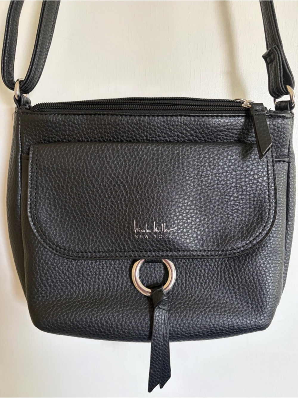 Nicole Miller Black Pebbled Leather Crossbody with Ring Tassel